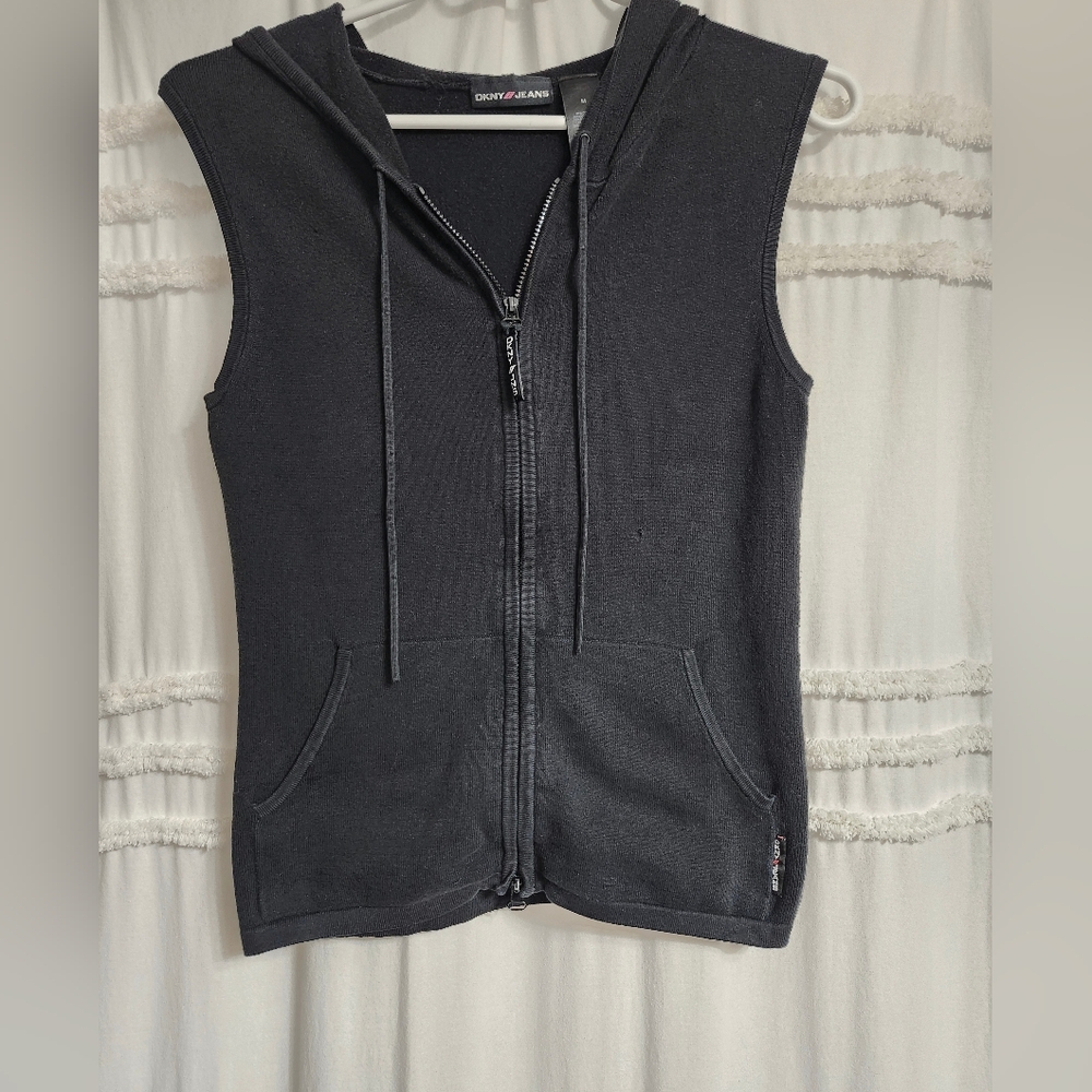 DKNY, Black Sleeveless Zip-Up Hoodie.
